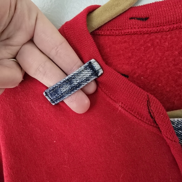 Vtg Handmade Upcycled Red Sweatshirt DENIM Hip Hop Jean Pockets XL - Picture 8 of 16
